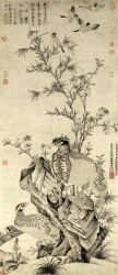  1344 14th_century absurd_res ambiguous_feral ambiguous_gender ancient_art avian avian_feet bamboo bamboo_tree beak biped bipedal_feral bird branch chinese_text detailed_background feathered_wings feathers feral flower flying galliform grass group hi_res looking_at_viewer looking_back looking_back_at_viewer looking_up_at_another markings on_branch oscine outside painting_(artwork) passerine phasianid plant raised_foot rock scuted_feet scuted_legs scutes side_view sparrow spots spotted_body spotted_feathers spread_wings standing tail tail_feathers text traditional_media_(artwork) traditional_painting_(artwork) tragopan tree wang_yuan wings 