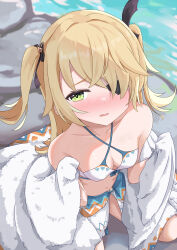  absurdres bikini blonde_hair blush breasts cleavage commentary_request cosplay criss-cross_halter day eyepatch female fischl_(genshin_impact) genshin_impact green_eyes hair_over_one_eye halterneck hands_up highres holding holding_towel long_hair looking_at_viewer lumine_(genshin_impact) lumine_(genshin_impact)_(cosplay) lumine_(hot_springs)_(genshin_impact) medium_breasts numahata_tofu. outdoors paid_reward_available parted_lips solo stomach swimsuit towel two_side_up water white_bikini 
