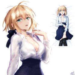  ahoge alternate_breast_size_(larger) artoria_pendragon_(fate) blonde_hair blush braid braided_base braided_bun breasts bun_with_braided_base commentary_request fate/stay_night fate_(series) female gigiiproject green_eyes hair_bun high-waist_skirt highres large_breasts reference_inset saber_(fate) skirt solo spanish_commentary 