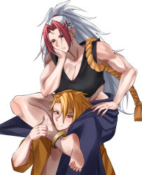  1boy absurdres anger_vein anklet barefoot black_eyes black_tank_top blonde_hair breasts carrying cleavage commentary_request crop_top earrings female gold_anklet hand_on_own_hip head_between_thighs head_rest hidari_(yomi_no_tsugai) high_ponytail highres horns jacket jewelry large_breasts long_hair looking_at_another looking_at_viewer midriff multicolored_hair muscular muscular_arms muscular_female ponytail red_eyes red_hair rope shoulder_carry single_horn skin-covered_horns small_horns smile sparkle tank_top thumbs_up two-tone_hair very_long_hair white_background white_hair yellow_jacket yomi_no_tsugai yuru_(yomi_no_tsugai) zaint_(zaintz4) 