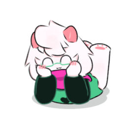  1:1 anthro blush bovid caprine clothing deltarune eyewear feet fur glasses goat hand_on_head holding_face horn legs_up low_res male male/male mammal ralsei robe scarf smile solo undertale_(series) white_body white_fur yuyuawa 
