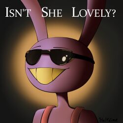  1:1 absurd_res album_cover ambiguous_gender anthro clothing cover eyebrows eyewear glitch_productions half_dime hi_res jax_(tadc) lagomorph leporid mammal overalls purple_body rabbit smile solo spoiler stevie_wonder sunglasses sunglasses_on_face teeth text the_amazing_digital_circus wearing_sunglasses 