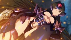  armor artist_request black_hair black_thighhighs breasts closed_mouth commentary cosplay cowboy_shot english_commentary female from_below game_asset gun holding holding_gun holding_weapon long_hair looking_at_viewer looking_down medium_breasts official_art solo standing t-elos t-elos_(cosplay) tales_of_(series) tales_of_berseria tales_of_the_rays thighhighs third-party_source underboob velvet_crowe very_long_hair weapon xenosaga xenosaga_episode_iii yellow_eyes 