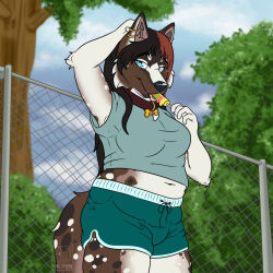  1:1 2026 anthro artist_logo artist_name blue_eyes bottomwear breasts brown_hair canid canine canis clothed clothed_anthro clothed_female clothing cloud collar collar_tag collie domestic_dog ear_piercing ear_ring female female_anthro fence food german_shepherd hair hand_on_head herding_dog herm_(lore) highlights_(coloring) holding_food holding_object inkvom intersex_(lore) licking_popsicle logo looking_at_viewer mammal mixed_breed outside pastoral_dog piercing plant popsicle red_highlights ring_piercing sheepdog shorts slightly_chubby slightly_chubby_anthro slightly_chubby_female solo standing text topwear tree zoey_(lovabletester) 