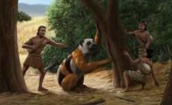  2025 absurd_res archaeoindris brown_body brown_fur brown_skin clothed clothed_female clothed_human clothed_male clothing digital_media_(artwork) digital_painting_(artwork) female feral fur giant_lemur grass group hi_res human male mammal multicolored_body multicolored_fur orange_body orange_fur painting_(artwork) paleopete plant prehistoric_species tree white_body white_fur 