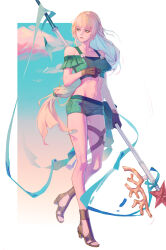  absurdres bare_shoulders bikini blonde_hair breasts collarbone commentary_request crop_top female fingerless_gloves fire_emblem fire_emblem:_three_houses flower full_body gloves green_bikini green_eyes hair_flower hair_ornament high_heel_sandals high_heels highres ingrid_brandl_galatea ingrid_brandl_galatea_(summer) knees legs long_hair looking_to_the_side medium_breasts navel off-shoulder_bikini off_shoulder official_alternate_costume sandals shenye_yuu solo stomach swimsuit toes walking 
