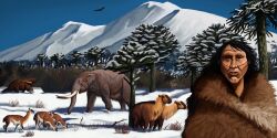  2023 2:1 absurd_res agustindiazart ambient_bird ambiguous_gender black_spots bodypaint brown_body brown_fur camelid face_paint felid feral flying fur group guanaco hi_res human jaguar litopteran macrauchenia mammal mountain mylodon notiomastodon orange_body orange_fur pantherine plant proboscis_(anatomy) quadruped snow spots tan_body tan_fur tree trunk_(anatomy) tusks walking winter 