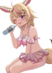  absurdres ahoge animal_ear_fluff animal_ears bikini black_streaks blonde_hair blush bottle breasts cleavage collarbone commentary cowboy_shot female fox_ears fox_girl fox_tail from_side hair_ornament hairclip heart heart_print highres holding holding_bottle hololive invisible_chair long_hair looking_at_viewer medium_breasts multicolored_hair omaru_polka one_eye_closed open_mouth pink_bikini pink_streaks print_bikini purple_eyes ramkilog ruffle_bikini simple_background sitting smile solo streaked_hair swimsuit tail virtual_youtuber water_bottle white_background x_hair_ornament 