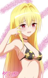  anime_coloring armpits artist_name bare_arms bare_shoulders bikini black_bikini black_choker blonde_hair blush breasts choker commentary cosplay embarrassed eyelashes female floral_print floral_print_bikini furrowed_brow hair_between_eyes hair_intakes hand_up kitagawa_marin kitagawa_marin_(cosplay) konjiki_no_yami long_hair looking_at_viewer medium_breasts navel open_mouth print_bikini red_eyes selfie signature simple_background solo sono_bisque_doll_wa_koi_wo_suru swimsuit to_love-ru underboob upper_body v v_over_eye very_long_hair yuyayomi 