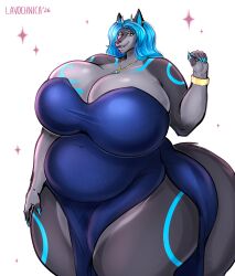  absurd_res anthro ass belly big_breasts big_butt blue_eyes blue_hair blue_markings breasts canid canine canis clothed clothing dragon dress ethmeol fur gynomorph hair hi_res huge_breasts hybrid intersex jewelry lavochnica mammal markings multicolored_body multicolored_fur mythological_creature mythological_scalie mythology scalie solo thick_thighs wide_hips wolf 