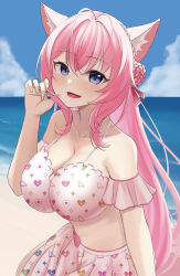  absurdres animal_ear_fluff animal_ears antenna_hair armpit_crease bare_shoulders beach bikini blue_eyes blue_sky blush braid breasts cleavage cloud collarbone commentary_request cowboy_shot day female flower hair_between_eyes hair_flower hair_ornament hakui_koyori heart heart_print highres hololive hololive_summer_2022_swimsuit large_breasts long_hair looking_at_viewer ocean open_mouth outdoors pink_bikini pink_hair print_bikini ramkilog sky smile solo swimsuit virtual_youtuber wolf_ears wolf_girl 
