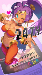  :d ;d absurdres anniversary bare_shoulders black_choker blue_eyes breasts choker cleavage commentary dark-skinned_female dark_skin earrings english_commentary english_text female game_boy game_boy_color handheld_game_console happy_anniversary heart highres hoop_earrings jewelry large_breasts life_is_pi long_hair looking_at_viewer midriff navel one_eye_closed pants pointy_ears ponytail purple_hair red_pants shantae shantae_(series) smile solo teeth upper_teeth_only 