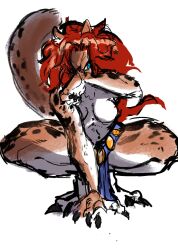  anthro blue_eyes breasts cheetah cheetah_(dc) claws dc_comics featureless_breasts felid feline female fur hair hi_res mammal muscular muscular_female ninja_te_hedgehog orange_body orange_fur red_hair solo thick_thighs white_body white_fur 