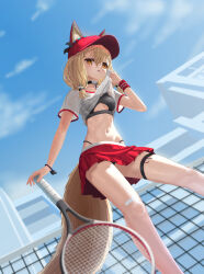  absurdres animal_ears arknights arknights:_endfield black_sports_bra blonde_hair bra chagan commentary_request female from_below hair_between_eyes highres holding holding_tennis_racket lingerie long_hair looking_at_viewer looking_down miniskirt navel open_mouth pleated_skirt racket red_skirt rossi_(arknights) see-through_clothes see-through_shirt shirt skirt solo sports_bra sportswear stomach tail tennis tennis_racket tennis_uniform underwear white_shirt wolf_ears wolf_girl wolf_tail yellow_eyes 
