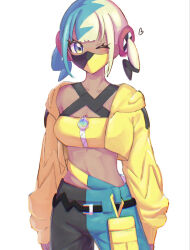  arms_at_sides bandeau belt black_belt blue_eyes canari_(pokemon) commentary_request cowboy_shot eyelashes female heart highres jacket long_sleeves looking_at_viewer mask mouth_mask multicolored_hair one_eye_closed open_clothes open_jacket pants pokemon pokemon_legends:_z-a shigure_(pkmn12261485) simple_background solo twintails white_background yellow_bandeau yellow_jacket zipper zipper_pull_tab 