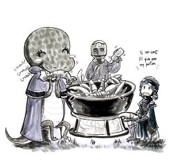  2023 3_fingers 3_toes ambiguous_gender anthro aquatic armor arthropod big_head biped blush cape capelet closed_eyes clothed clothing cooking_pot crunch_(sound_effect) crustacean dated dialogue dress earless eating elden_ring english_text evs_eme eyelashes fangs feet female fingers fire firepit food fromsoftware grass group hair headgear headwear helmet holding_food holding_object humanoid legged_snake manserpent marker_(artwork) monochrome nude plant plantigrade reptile salt_shaker scales scalie semi-anthro short_hair short_legs short_tail shrimp signature simple_background sitting size_difference smile snake snout sound_effects spot_color standing tail tapering_tail teeth text thick_tail toes traditional_media_(artwork) trio ventral_scales white_background wide_crotch worried_look zorayas 