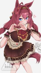  ahoge animal_ears apron ascot blue_eyes blush breasts brown_apron brown_dress brown_hair brown_hairband closed_mouth commentary_request dress female frilled_cuffs hair_between_eyes hairband harukazetabiji heart heart_hands highres horse_ears horse_girl horse_tail large_breasts long_hair looking_at_viewer mihono_bourbon_(code:_icing)_(umamusume) mihono_bourbon_(umamusume) official_alternate_costume red_ascot smile solo tail umamusume 