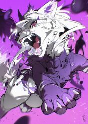  2026 ambiguous_gender canid chiayeeee chromatic_aberration claws digital_drawing_(artwork) digital_media_(artwork) fangs feral front_view full-length_portrait fur gums hi_res looking_at_viewer looking_down looking_down_at_viewer mammal multicolored_body multicolored_fur open_mouth pawpads pink_inner_ear pink_tongue portrait pupils purple_background purple_body purple_eyes purple_fur quadruped red_eyes red_pupils ringed_iris signature simple_background slit_pupils snout solo tail teeth tongue tongue_showing two_tone_body two_tone_fur white_body white_claws white_fur white_sclera 