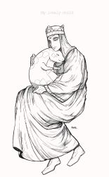 2023 4_fingers ambiguous_gender anthro arms_bent bigsari cel_shading closed_eyes clothed clothing crown digital_drawing_(artwork) digital_media_(artwork) dress duo elden_ring eyeshadow female_(lore) fingers footwear fromsoftware hand_on_shoulder head_dress head_jewelry headgear hi_res holding_another hug human line_art makeup mammal manserpent monochrome nude on_lap reptile scales scalie semi-anthro shaded shoes short_arms signature simple_background sitting sitting_on_another sitting_on_lap size_difference snake snout tanith_(elden_ring) white_background zorayas 