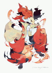  absurdres animal_ear_fluff branch breasts closed_mouth commentary_request delphox female fire full_body furry furry_female grey_background highres holding holding_branch looking_at_viewer no_humans orange_eyes pokemon pokemon_(creature) pokemon_focus simple_background smile solo standing yarengekiryu 