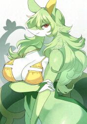  anthro anthrofied bikini clothing female florida_bikini generation_5_pokemon green_hair hair half-length_portrait hi_res holding_arm lemoco long_hair looking_at_viewer nintendo pokemon pokemon_(species) portrait red_eyes serperior simple_background smile smiling_at_viewer solo swimwear two-piece_swimsuit white_background yellow_bikini yellow_clothing yellow_swimwear 
