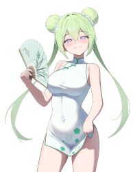  absurdres arm_at_side blush breasts china_dress chinese_clothes closed_mouth clothes_lift commentary covered_navel cowboy_shot double-parted_bangs double_bun dress dress_lift female green_hair hair_between_eyes hair_bun hair_intakes hand_fan hand_up highres holding holding_fan impossible_clothes impossible_dress large_breasts lifting_own_clothes long_bangs looking_at_viewer microdress paper_fan purple_eyes side_slit simple_background sleeveless sleeveless_dress smile solo standing stellive taut_clothes taut_dress tube_kim11 twintails virtual_youtuber white_background white_dress yuzuha_riko 