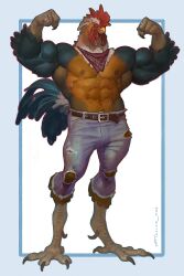  abs anthro avian avian_caruncle beak biceps bird bottomwear brown_body brown_feathers buckle chicken clothing comb_(anatomy) denim denim_bottomwear denim_clothing dewlap_(anatomy) feathers feet flexing flexing_bicep flexing_both_biceps galliform green_body green_feathers head_crest hi_res jeans kerchief male muscular muscular_anthro muscular_male nipples pants pecs phasianid piercing shirtless_male solo tail tail_feathers talons taran_fiddler toes torn_bottomwear torn_clothing torn_jeans torn_pants wattle white_body white_feathers 