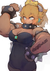  black_dress black_singlet blonde_hair bowsette bracelet breasts clenched_hands collar commentary crown dress earrings female flexing hand_on_own_hip highres horns jewelry large_breasts mario_(series) muscular muscular_female new_super_mario_bros._u_deluxe oerba_yun_fang ponytail sidelocks simple_background singlet spiked_bracelet spiked_collar spikes super_crown tearing_up thick_eyebrows umezawa_michiko white_background 