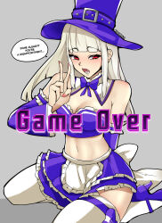  1340smile absurdres artist_name blonde_hair blue_skirt bow breasts cleavage commentary crop_top detached_sleeves english_commentary english_text female grey_background hat high_heels highres ingrid_(capcom) ingrid_(midnight_bliss)_(capcom) kneeling midnight_bliss nail_polish official_alternate_costume red_eyes red_nails skirt solo speech_bubble street_fighter street_fighter_6 teasing thighhighs twitter_username v 
