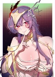  absurdres bare_shoulders blush breasts cleavage commentary facial_mark fate/grand_order fate_(series) female headpiece highres horns index_finger_raised kaoneawmoon large_breasts long_hair looking_at_viewer purple_hair red_eyes ribbon smile solo urd_(fate) very_long_hair 