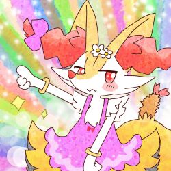  1:1 2022 :3 accessory ambiguous_anthro ambiguous_gender annyui0611 anthro biped blush bow_ribbon bracelet braixen canid clothing digital_drawing_(artwork) digital_media_(artwork) dress flower flower_in_hair food front_view generation_6_pokemon gesture hair hair_accessory hair_ribbon hairbow half-length_portrait hand_gesture hi_res japanese_description jewelry mammal nintendo object_in_tail pink_clothing pink_dress plant pointing pokemon pokemon_(species) portrait ribbons shrimp_(food) snout solo sparkles standing tail translated_description 