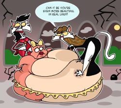  2014 20th_century_fox agouti-rex annabelle_(eek!_the_cat) anthro black_clothing black_dress black_hair bottomwear bow_on_head breasts brown_hair clothing cloud crescent_moon digital_media_(artwork) domestic_cat dress eek!_the_cat english_text felid feline felis female fox_kids fur galago_(artist) gloves group hair handwear jewelry leggings legwear lips mammal moon morbidly_obese morbidly_obese_anthro morbidly_obese_female necklace nelvana obese obese_anthro obese_female overweight overweight_anthro overweight_female pam_(eek!_the_cat) pink_body pink_fur polly_(eek!_the_cat) skirt speech_bubble star teeth text thick_thighs trio white_body white_fur 