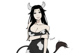  animal_humanoid artist_name bell bell_collar big_breasts black_hair blush bottomwear bovid bovid_humanoid bovine bovine_humanoid breasts cattle cattle_humanoid cleavage clothed clothing collar cow_ears crop_top curvy_figure digital_media_(artwork) farmgirl female glamour green_eyes hair hi_res horn hotpants humanoid long_hair looking_at_viewer mammal mammal_humanoid midriff pasture pinup pose reseainjune shirt shorts smile solo tail tail_tuft text thick_thighs topwear tuft wide_hips 