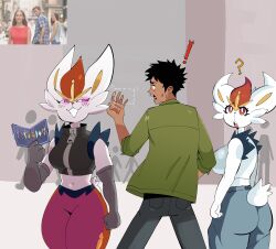  :3 absurd_res anthro armwear ass black_clothing black_crop_top black_hair black_shirt black_topwear bottomwear c0cobeanz cinderace clothing crop_top crowd denim denim_bottomwear denim_clothing distracted_boyfriend elbow_gloves evil_grin exclamation_point eyelashes female female_anthro furgonomics generation_8_pokemon gloves glowing glowing_eyes green_clothing green_jacket green_topwear grey_clothing grey_gloves grey_handwear grin group hair handwear hi_res holding_object human jacket jeans male male_human mammal meme navel nintendo pants pink_eyes pokemon pokemon_(species) question_mark scared shirt smile standing stealing topwear trio_focus wide_hips 
