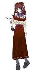  adapted_costume alternate_costume arm_at_side bag black_shoes bow closed_mouth clothing_request commentary_request dot_mouth earrings expressionless female full_body hairbow hakurei_reimu hand_up handbag heel_up highres jewelry long_hair long_skirt ponytail red_bow red_skirt see-through_clothes see-through_skirt shirt shoes sideways_glance simple_background skirt solo standing touhou white_background yellow_shirt yin_yang yin_yang_earrings zenritsu 