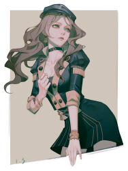  absurdres black_choker black_hat black_skirt bracelet breasts brown_hair buttons chinese_commentary choker cleavage collarbone commentary_request cowboy_shot dated dorothea_arnault earrings female fire_emblem fire_emblem:_three_houses floating_hair garreg_mach_monastery_uniform green_eyes hat highres jewelry juliet_sleeves lips long_hair long_sleeves medium_breasts mixed-language_commentary newsboy_cap nose parted_lips pink_lips puffy_sleeves shenye_yuu skirt sleeves_rolled_up solo wavy_hair 