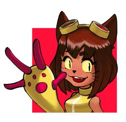 2018 4_fingers anthro bangs black_nose breasts brown_eyebrows brown_hair bust_portrait clothed clothed_anthro clothed_female clothing colored digital_drawing_(artwork) digital_media_(artwork) domestic_cat english_description eyebrow_through_hair eyebrows eyelashes eyelashes_through_hair eyewear eyewear_on_head fangs felid feline felis female female_anthro fingers gameoverse gesture glitch_productions gloves goggles goggles_on_head hair handwear hi_res inkarat_mittongtare kit_bodega light lighting looking_at_viewer mammal medium_breasts medium_hair open_mouth open_smile portrait pupils red_fingers red_mouth shaded simple_background slit_pupils smile smiling_at_viewer solo teeth topwear translucent translucent_hair vest waving waving_at_viewer whiskers white_background yellow_clothing yellow_eyes yellow_eyewear yellow_gloves yellow_goggles yellow_handwear yellow_topwear yellow_vest 