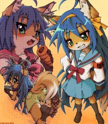  2026 5_fingers 5_toes accessory ahoge alternate_species anthro armband artist_name asian_clothing barefoot bent_legs biped blep blue_bottomwear blue_clothing blue_hair blue_skirt blush book bottomwear bow_(feature) bow_ribbon brown_body brown_clothing brown_ear_tips brown_footwear brown_fur brown_shoes brown_socks canid canine claws clothed clothed_anthro clothed_female clothing cute_fangs digital_media_(artwork) dipstick_ears dipstick_tail dithering ear_markings east_asian_clothing eyebrow_through_hair eyebrows eyelashes fangs feet female female_anthro finger_claws fingers footwear fox fully_clothed fully_clothed_anthro fully_clothed_female fur furrification glistening glistening_eyes glistening_hair gloves_(marking) gradient_background green_bottomwear green_clothing green_eyes green_pants hair hair_accessory hand_on_hip handpaw head_turned hindpaw holding_book holding_object inner_ear_fluff iris japanese_clothing japanese_school_uniform kemono konata_izumi leg_markings long_hair long_socks looking_at_viewer lucky_star lying mammal markings mole_(marking) multicolored_body multicolored_clothing multicolored_ears multicolored_fur multicolored_shirt multicolored_topwear multiple_poses on_front open_mouth open_smile orange_body orange_fur orange_tail pants pawpads paws pink_pawpads pink_tongue pixel_(artwork) plantigrade pointy_ears pose prick_ears pupils school_uniform serafuku shaded shirt shoes shorts simple_background skirt smile socks socks_(marking) solo standing tail tail_markings teeth text toe_claws toes tongue tongue_out topwear translucent translucent_hair tuft two_tone_ears two_tone_tail unavailable_at_source uniform wakazhi whiskers white_body white_clothing white_fur white_sclera white_shirt white_tail_tip white_topwear 