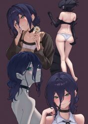  absurdres apron ass back bare_legs bare_shoulders barefoot black_apron black_choker black_gloves black_hair black_ribbon blush bomb_devil_(chainsaw_man) breasts brown_apron brown_background chainsaw_man choker closed_mouth collared_shirt commentary_request elbow_gloves female flower gloves green_eyes hair_between_eyes hair_bun hand_on_own_cheek hand_on_own_face highres holding holding_flower kneepits looking_at_viewer median_furrow medium_hair multiple_views neck_ribbon owl_pencil panties purple_background reze_(chainsaw_man) ribbon shirt shoulder_blades simple_background single_hair_bun sleeveless smile underwear upper_body white_flower white_panties white_shirt 