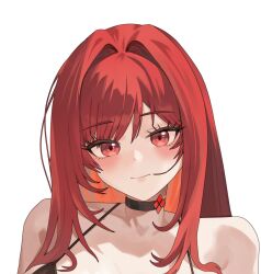  bare_shoulders bikini black_bikini black_choker blush breasts choker commentary dalssi english_commentary female goddess_of_victory:_nikke hair_intakes highres long_hair looking_at_viewer official_alternate_hair_color portrait rapi_(nikke) rapi_(red_hood)_(nikke) red_eyes red_hair simple_background smile solo swimsuit white_background 