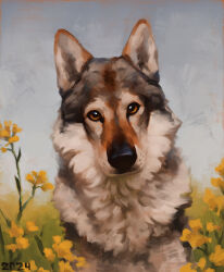  2024 alexpahomov ambiguous_gender black_nose brown_markings canid canine canis czechoslovakian_wolfdog digital_media_(artwork) digital_painting_(artwork) domestic_dog feral flower flower_field fluffy fur grey_body grey_fur grey_sky herding_dog hi_res looking_at_viewer mammal markings multicolored_body multicolored_fur nature orange_eyes outside painting_(artwork) pastoral_dog plant quadruped sheepdog sky solo white_body white_fur yellow_flower 