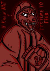  anthro bodily_fluids canid canine clothing colored eyescutout fingers food hi_res hood jacket male mammal peanut_butter saliva simple_background solo teeth text tongue topwear 