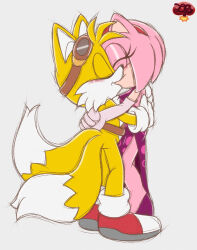  amy_rose anthro canid canine closed_eyes clothing digital_media_(artwork) dress duo eulipotyphlan eyewear eyewear_on_head female footwear fox fur gloves goggles goggles_on_head hair handwear hedgehog hi_res hug kissing ladycherrybomba male male/female mammal multi_tail pink_body romantic sega shoes simple_background smile sonic_boom sonic_the_hedgehog_(series) standing tail tails 