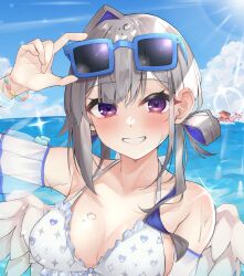  adjusting_eyewear alternate_breast_size_(larger) alternate_hair_length_(longer) amane_kanata angel_wings bikini blue_hair blue_sky blush breasts cleavage colored_inner_hair commentary detached_sleeves diffraction_spikes double-parted_bangs eyewear_on_head feathered_wings female frilled_bikini frills front-tie_bikini_top front-tie_top grey_hair grin hair_rings halterneck hand_on_eyewear heart heart_print highres hololive hololive_summer_2022_swimsuit kiryu_coco_(dragon) large_breasts lens_flare light_rays looking_at_viewer low_twintails mini_wings missing_halo multicolored_hair nesumiru ocean official_alternate_costume official_alternate_hairstyle outdoors print_bikini purple_eyes raised_eyebrows see-through_clothes see-through_sleeves shiny_skin short_sleeves shoulder_blush single_hair_intake sky smile solo sunbeam sunglasses sunlight swimsuit twintails twintails_with_hair_base upper_body virtual_youtuber wet white_bikini white_wings wings 