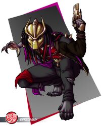  action_pose alien alpha_channel armor bottomwear chains claws clothing crouching dave_(janek5) denim denim_bottomwear denim_clothing dreadlock_cuffs dreadlocks finger_claws fingerless_gloves fishnet_clothing gloves gold-trimmed_clothing gold_(metal) gold_jewelry gun hair hair_dye handgun handwear headgear helmet hi_res jacket jeans jewelry long_hair mask nylon_stockings one_eye_obstructed pants pauldron pose predaguy predator_(franchise) ranged_weapon shirt spiked_pauldron spikes tied_clothing toe_claws topwear torn_bottomwear torn_clothing torn_pants torn_shirt torn_topwear weapon yautja 