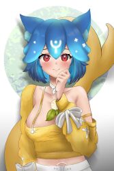  absurdres animal_ears bao_the_whale bao_the_whale_(citrus_love) blue_hair blush breasts cetacean_tail cleavage commentary english_commentary female fins fish_tail food fruit highres indie_virtual_youtuber large_breasts lemon looking_at_viewer red_eyes shirt short_hair smile solo tail virtual_youtuber whale_girl yellow_shirt yimles 