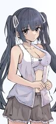  absurdres bare_shoulders black_bow black_hair blush bow bow_bra bra breasts center_frills cleavage closed_mouth collarbone commentary_request covered_groin cowboy_shot eyelashes eyes_visible_through_hair female frilled_bra frilled_shirt frilled_skirt frills grey_skirt hair_between_eyes hair_ribbon highres honma_misuzu lace-trimmed_ribbon lace_trim large_breasts long_hair looking_at_viewer miniskirt okamic open_clothes open_shirt red_eyes ribbon sakura_no_toki sakura_no_uta shirt sidelocks simple_background skirt sleeveless sleeveless_shirt solo twintails underwear very_long_hair white_background white_ribbon white_shirt 