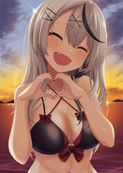 :d absurdres bikini black_bikini black_streaks blush breasts cleavage closed_eyes cloud collarbone commentary_request dusk facing_viewer female grey_hair hair_between_eyes hair_ornament hairclip hands_up happy heart heart_hands highres hololive large_breasts long_hair multicolored_hair ocean oerba_yun_fang open_mouth orange_sky outdoors ramkilog sakamata_chloe sky smile solo streaked_hair sun swimsuit upper_body virtual_youtuber water x_hair_ornament 