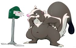 2026 3_fingers 3_toes alpha_channel arm_tuft artist_name badger belly big_tail biped black_tail_tip bodily_fluids brown_belly brown_body brown_fur brown_tail claws dipstick_tail elbow_tuft feet fingers fizzpop fur hi_res huge_tail hybrid ink letter long_tail mail mailbox male mammal markings mephitid mustelid musteline navel nude pink_nose pinnip_(pinnipip) simple_background skunk solo standing tail tail_markings teeth text toes transparent_background tuft unusual_bodily_fluids white_body white_claws white_fur white_tail 
