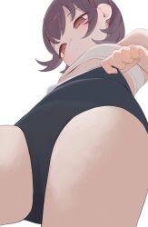  black_hair black_one-piece_swimsuit bra breasts brown_eyes female from_below highres hiroki_(yyqw7151) one-piece_swimsuit original short_hair simple_background small_breasts solo swimsuit thighs underwear white_background white_bra 